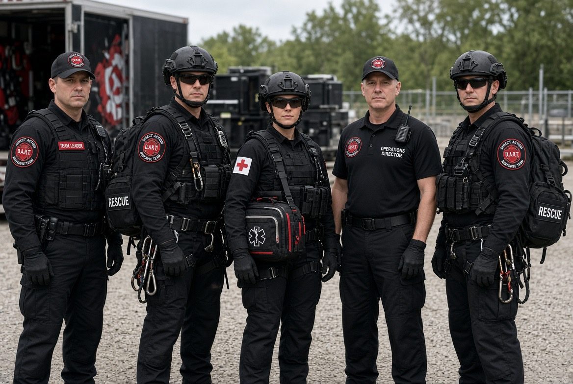 D.A.R.T. field uniforms for a team leader, rescue technicians, a medic and an operations director.