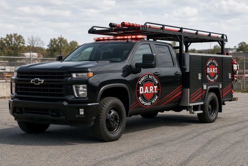 Black D.A.R.T. response pickup with a utility bed, roof rack and light bar.